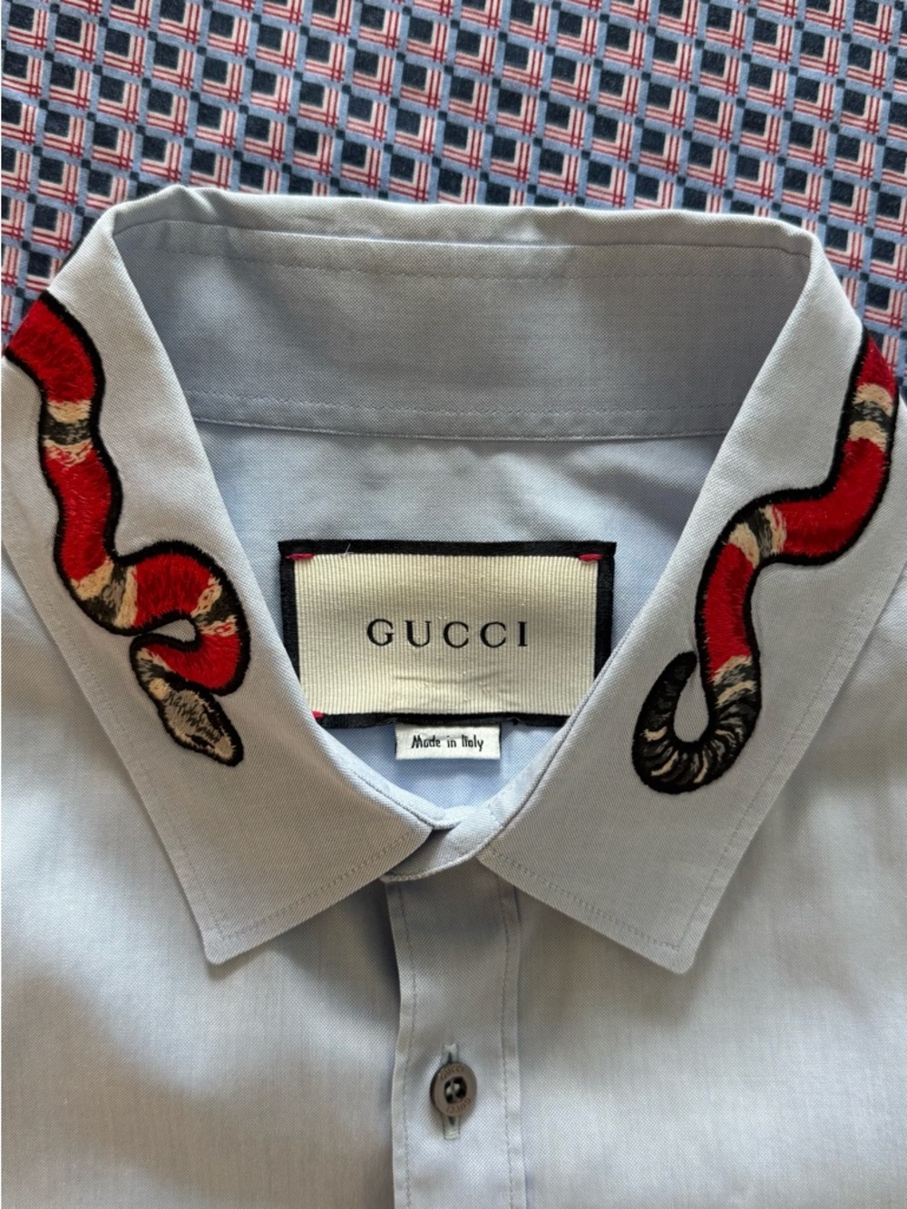Gucci Light Blue Shirt with Red & Black Snake Embroidery